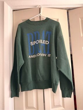Spoiled Green Sweater with Blue and Cream Graphics